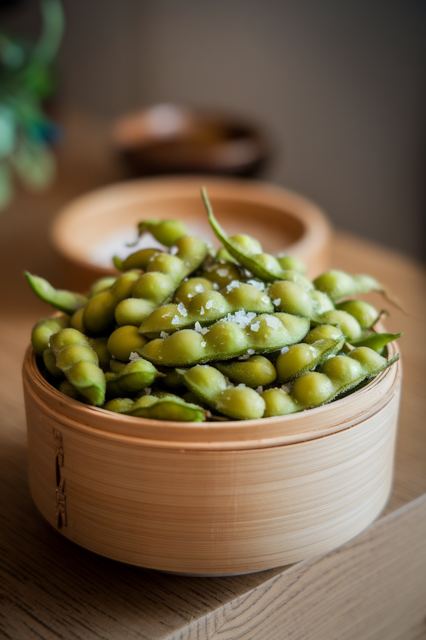 Indoor bamboo bowl heaped with steamed edamame pods sprinkled with flaky sea salt. Soft diffused lighting, no logos.