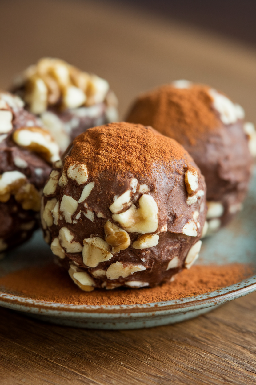 Photo of an indoor mug-side scene with cinnamon mocha energy balls stacked on a saucer, ground cinnamon dusted around. No text or logos.