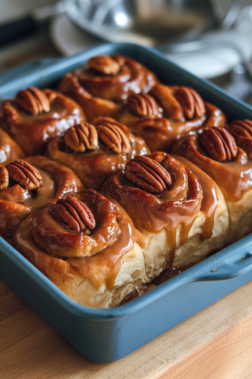 An indoor baking dish of sticky buns glazed with caramelized maple sauce and toasted pecans, one bun pulled slightly away, no text or logos.