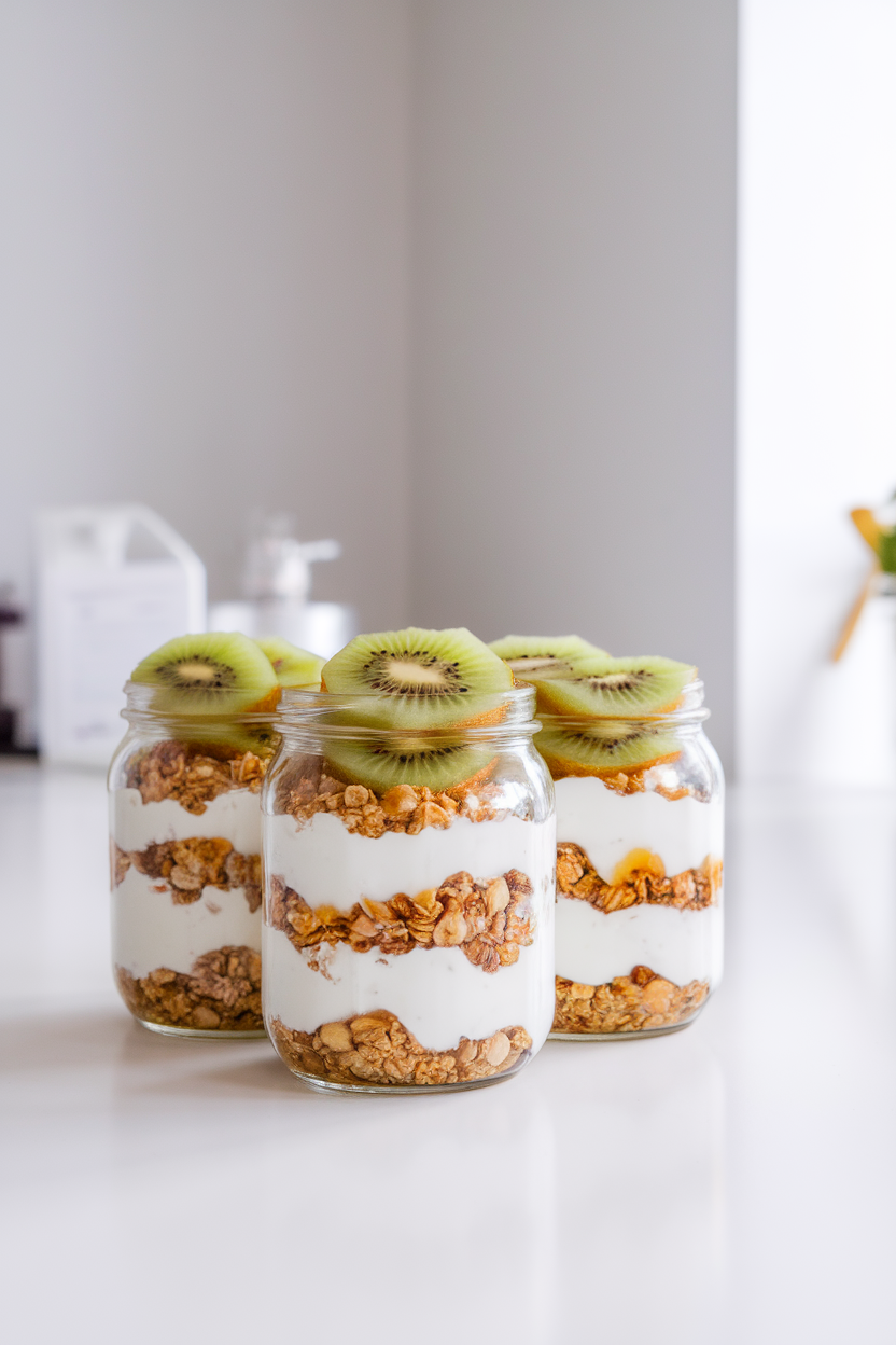 A bright indoor counter displaying clear jars layered with thick Greek yogurt, granola, and sliced kiwi, drizzled lightly with honey; no branding or text.