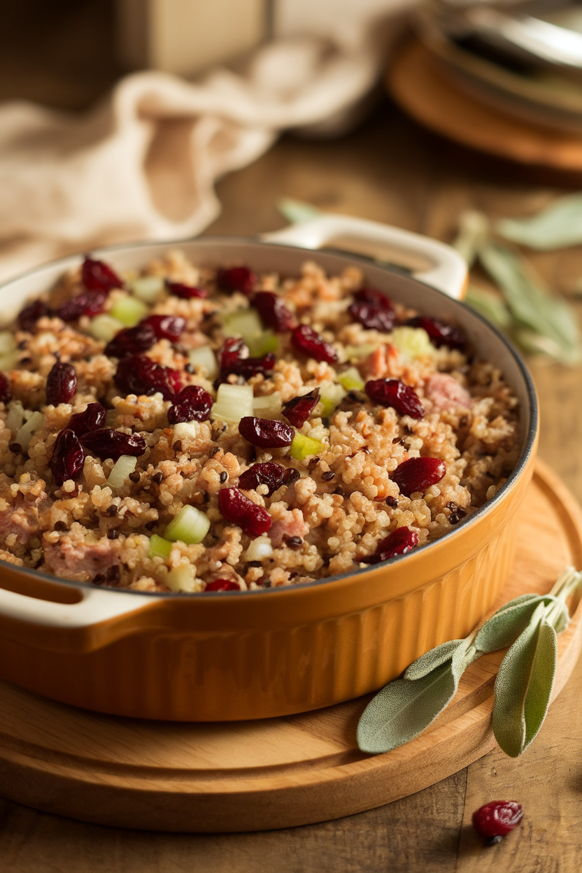 Warm indoor photo of a casserole featuring quinoa, ground turkey, dried cranberries, diced celery, and sage, resembling light holiday stuffing. No text or logos.