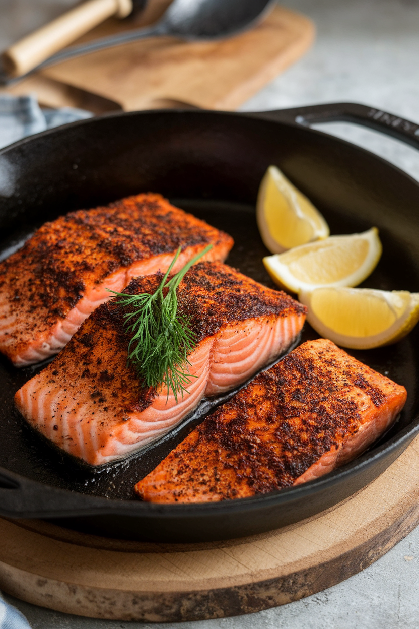 Indoor photo of a cast-iron skillet with cooked Cajun-spiced salmon fillets, lemon wedges on the side; no text or logos.