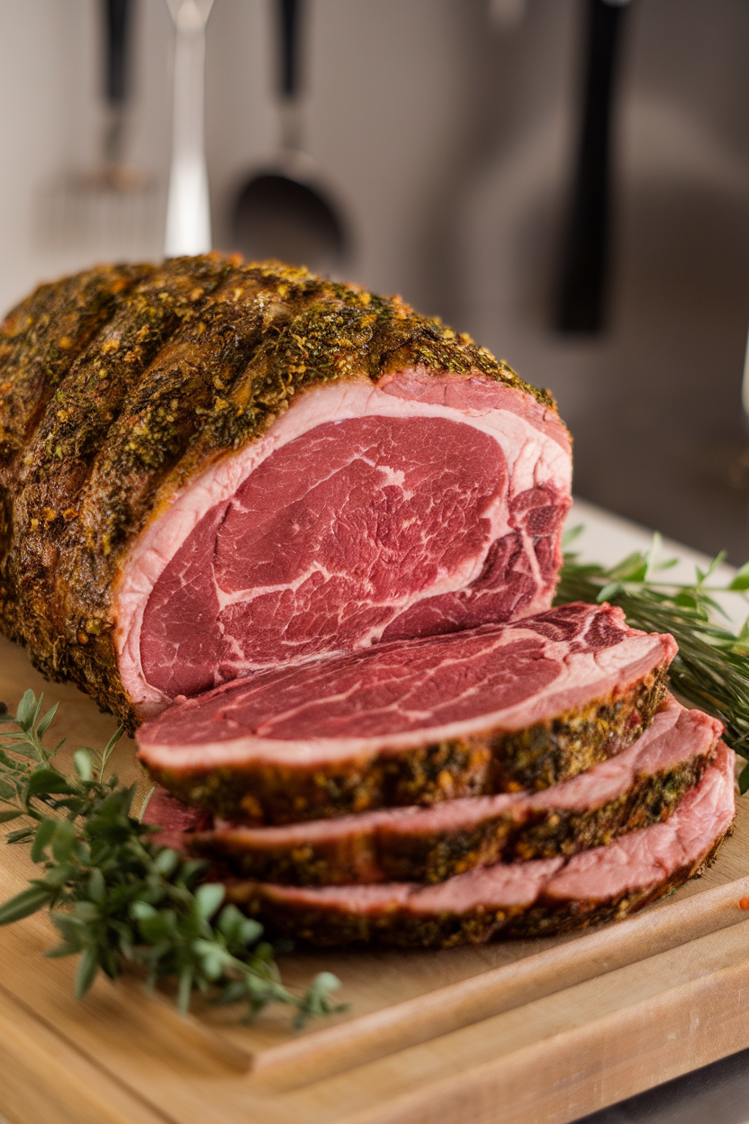 Indoor photo of a thick prime rib roast with a crust of herbs, a few carved slices showing pink centers, no text or logos.