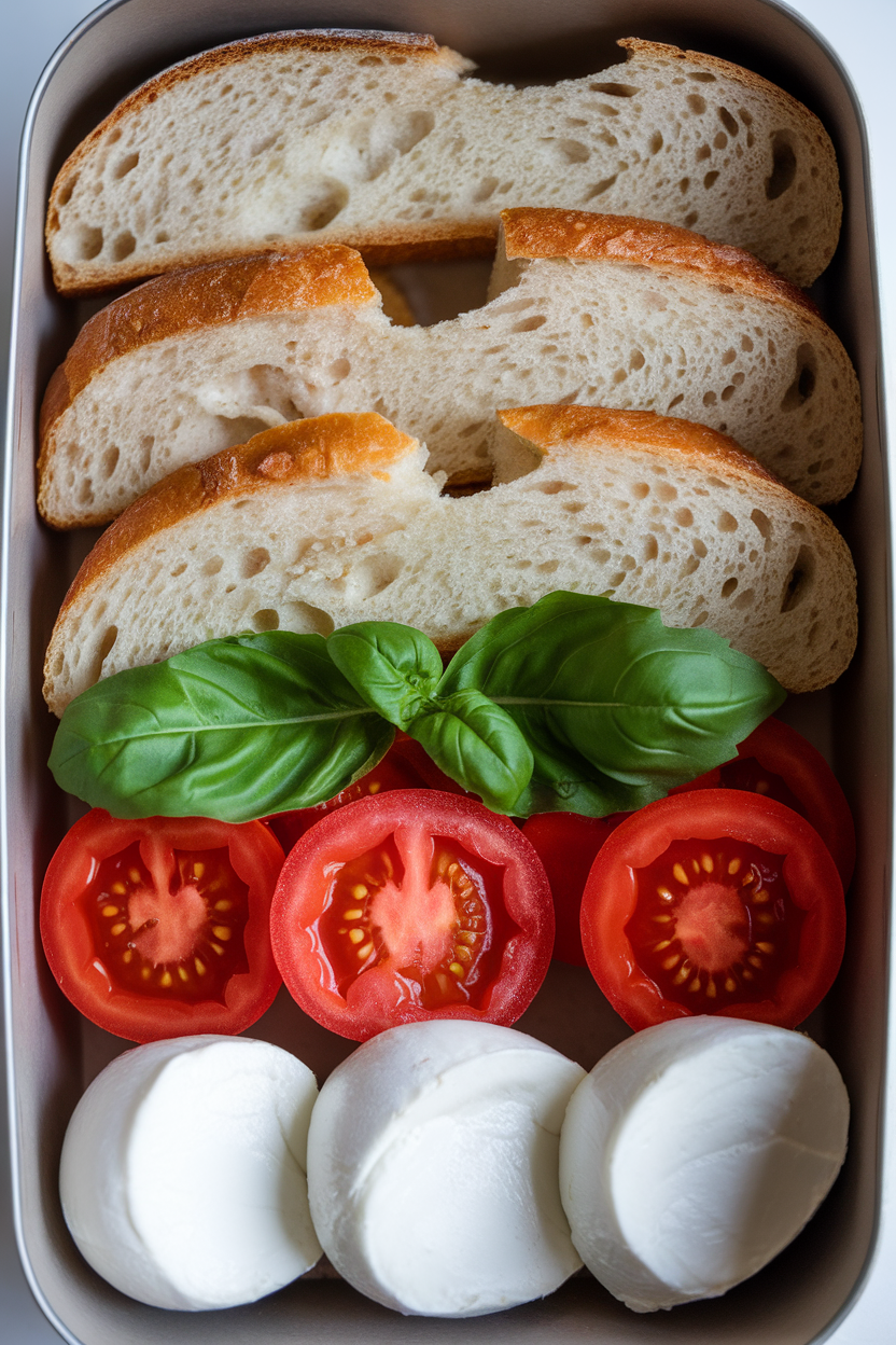 Indoor lunchbox with slices of sourdough bread, fresh mozzarella, tomato rounds, and basil leaves, all neatly separated. No text or logos present.