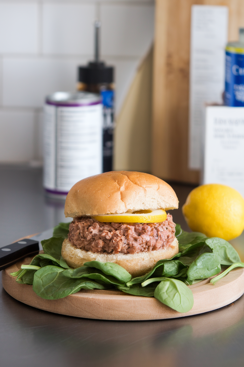 Photo of an indoor kitchen counter featuring a cooked tuna-white bean burger with a squeeze of lemon, served bun-less over a spinach bed; no text or logos; photo, not illustration