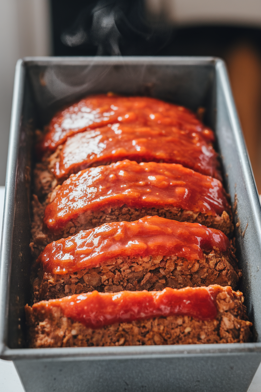 A loaf pan indoors with sliced vegan meatloaf topped with shiny tomato glaze, steam rising. No text or logos. Photo.