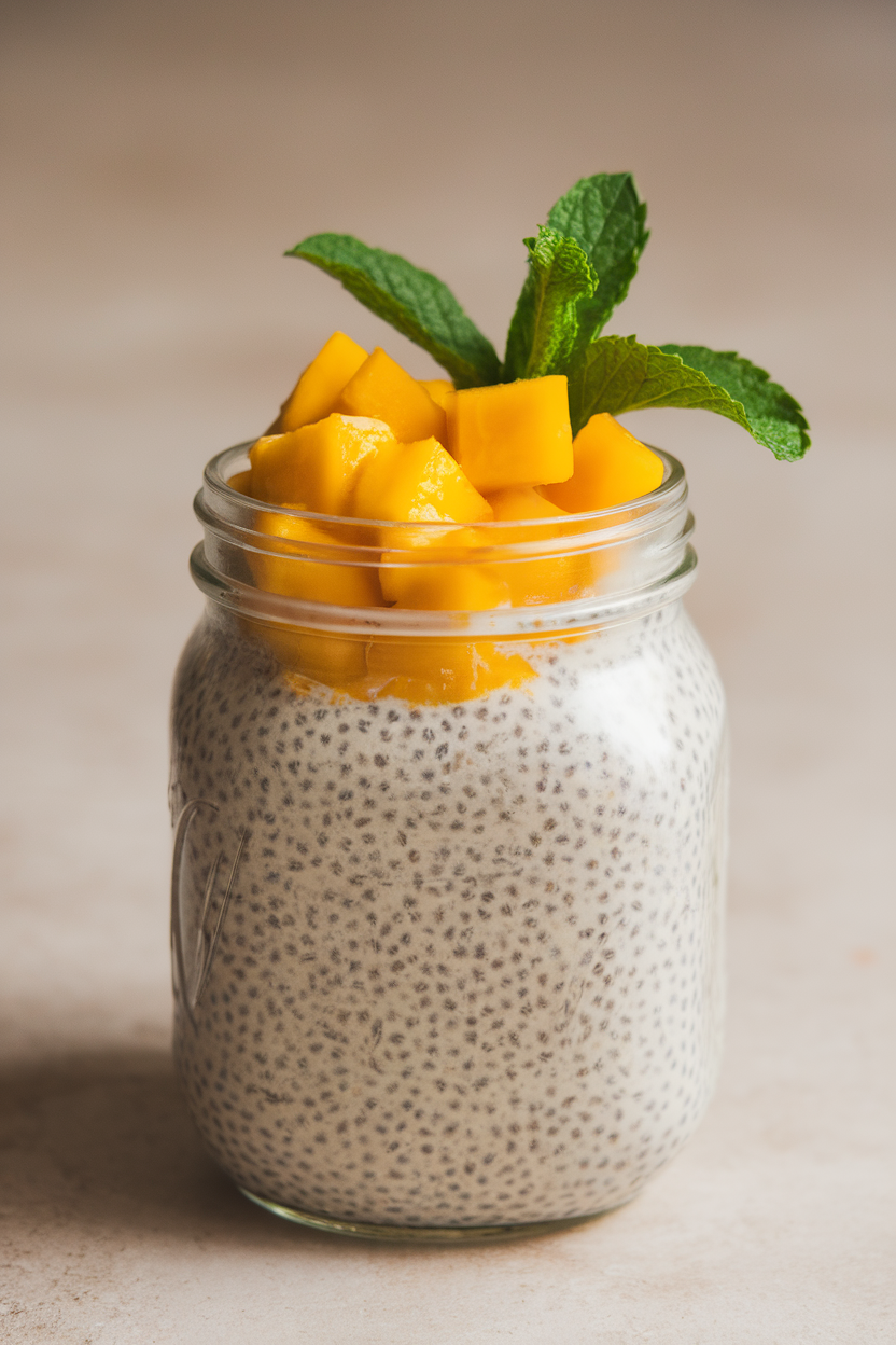 Indoor countertop image of a small mason jar filled with chia pudding, topped with diced ripe mango and a mint leaf; neutral background, no text or logos. Photo, not illustration.