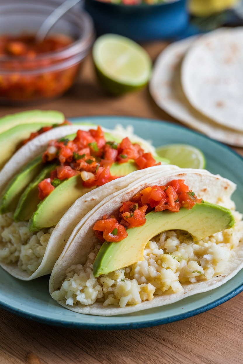 Indoor plate of tortillas filled with cauliflower rice and sliced avocado, topped with light salsa roja, no text or logos.