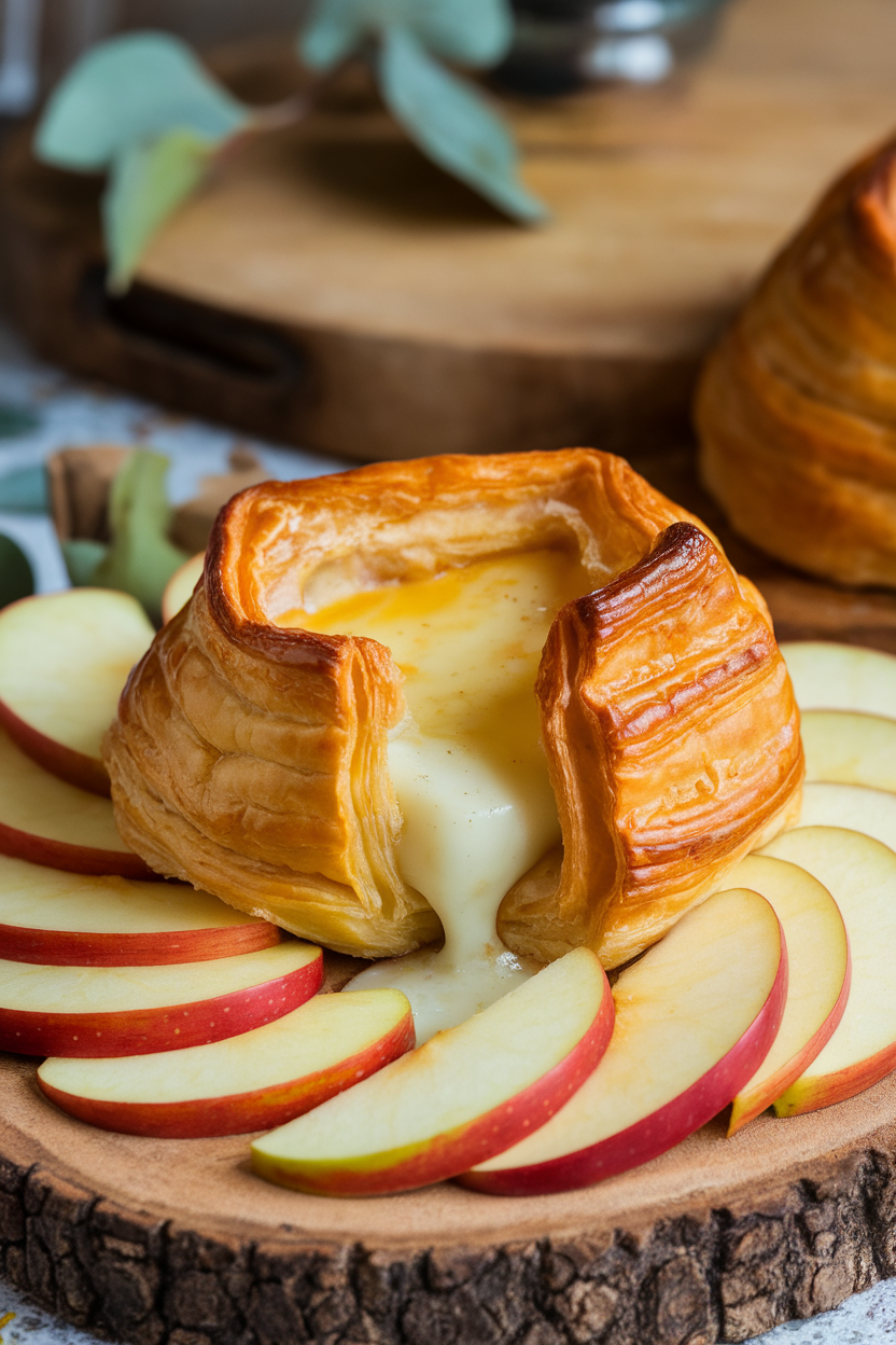 Indoor serving board featuring a golden-brown puff pastry parcel oozing melted brie, surrounded by apple slices. No text or branding. Photo.