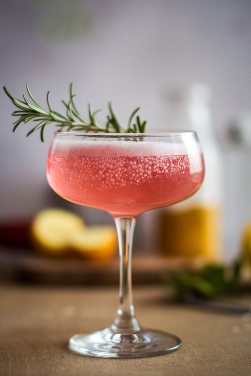 Indoor photo of coupe glass containing pink rhubarb mocktail, rosemary spring tucked at side, fizzy top layer; no text or logos.