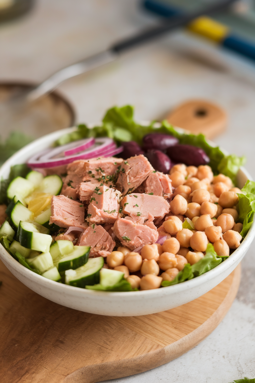 Photo of an indoor bowl combining cooked tuna chunks, chickpeas, cucumbers, olives, and red onion with a light lemon dressing. No visible logos.