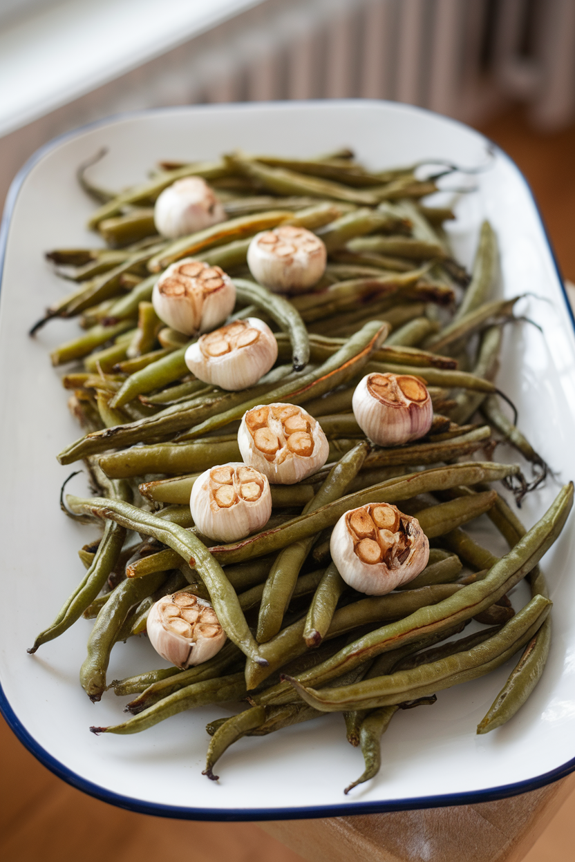 A white platter indoors holding roasted green beans studded with whole roasted garlic cloves, slight char visible. No text or logos. Photo only.