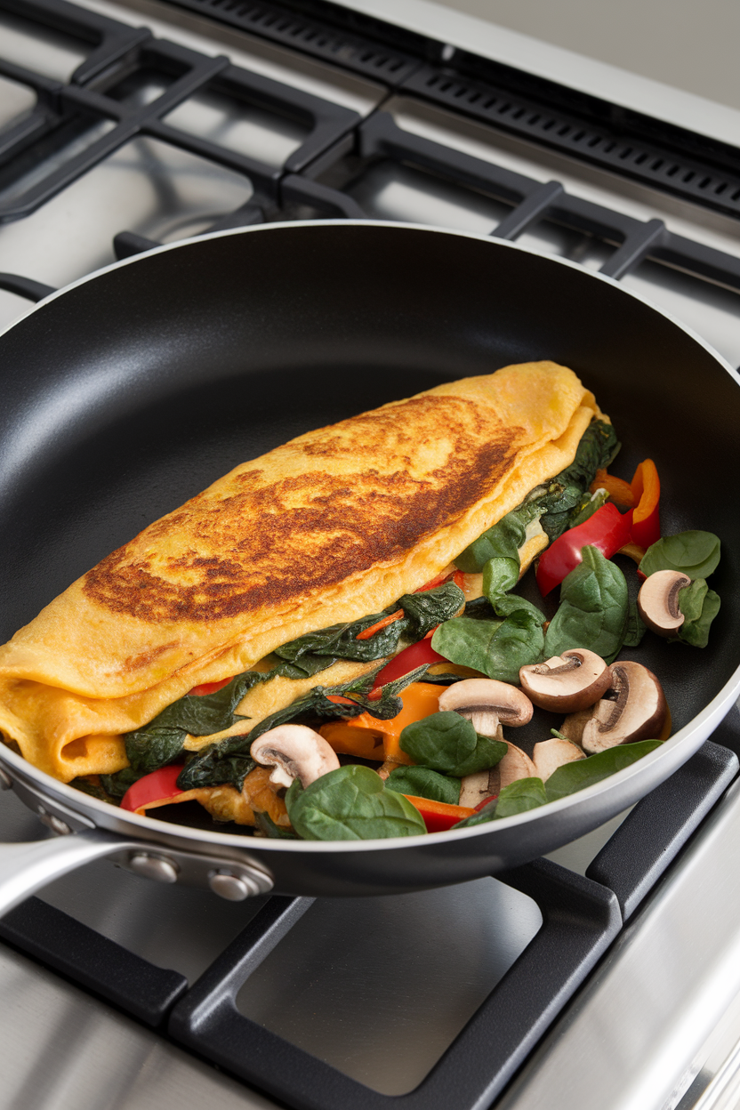 A non-stick skillet on an indoor range containing a folded omelet spilling out spinach, mushrooms, and peppers; no text or logos on cookware.