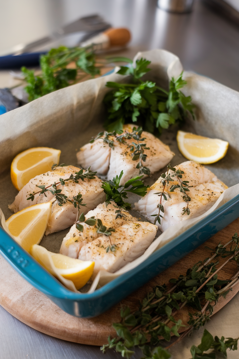 Indoor photo of a parchment-lined baking dish with herb-topped cooked cod fillets and lemon wedges; no text or logos.