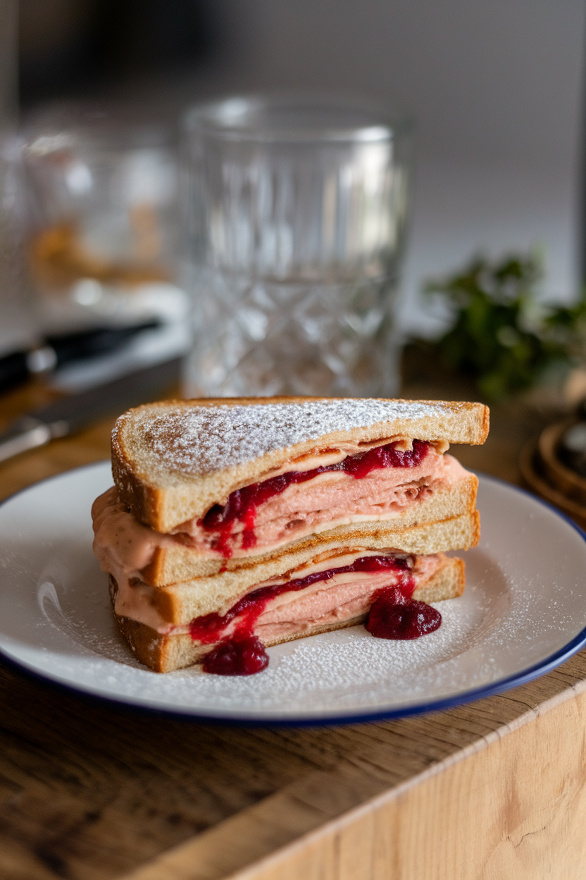Plate indoors featuring a halved Monte Cristo sandwich dusted with powdered sugar, cranberry sauce oozing slightly, no logos or text.