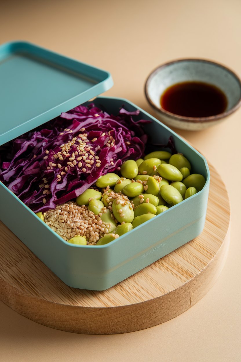 An indoor bento box with shredded red cabbage, shelled edamame, and sesame seeds. Photo, no text or logos.