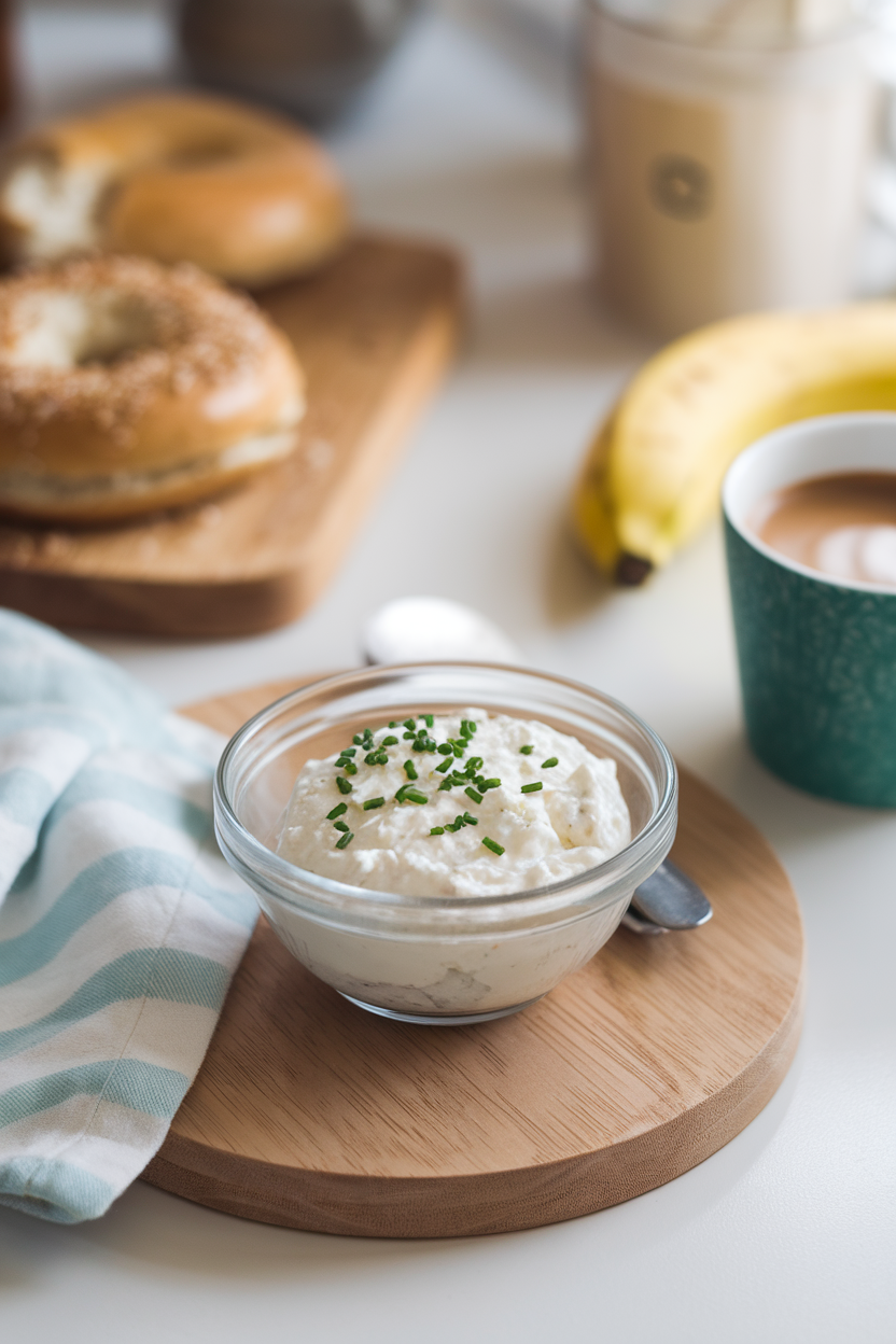 An indoor breakfast scene featuring a small bowl of cottage cheese sprinkled with chopped chives, soft natural light, no text or logos.