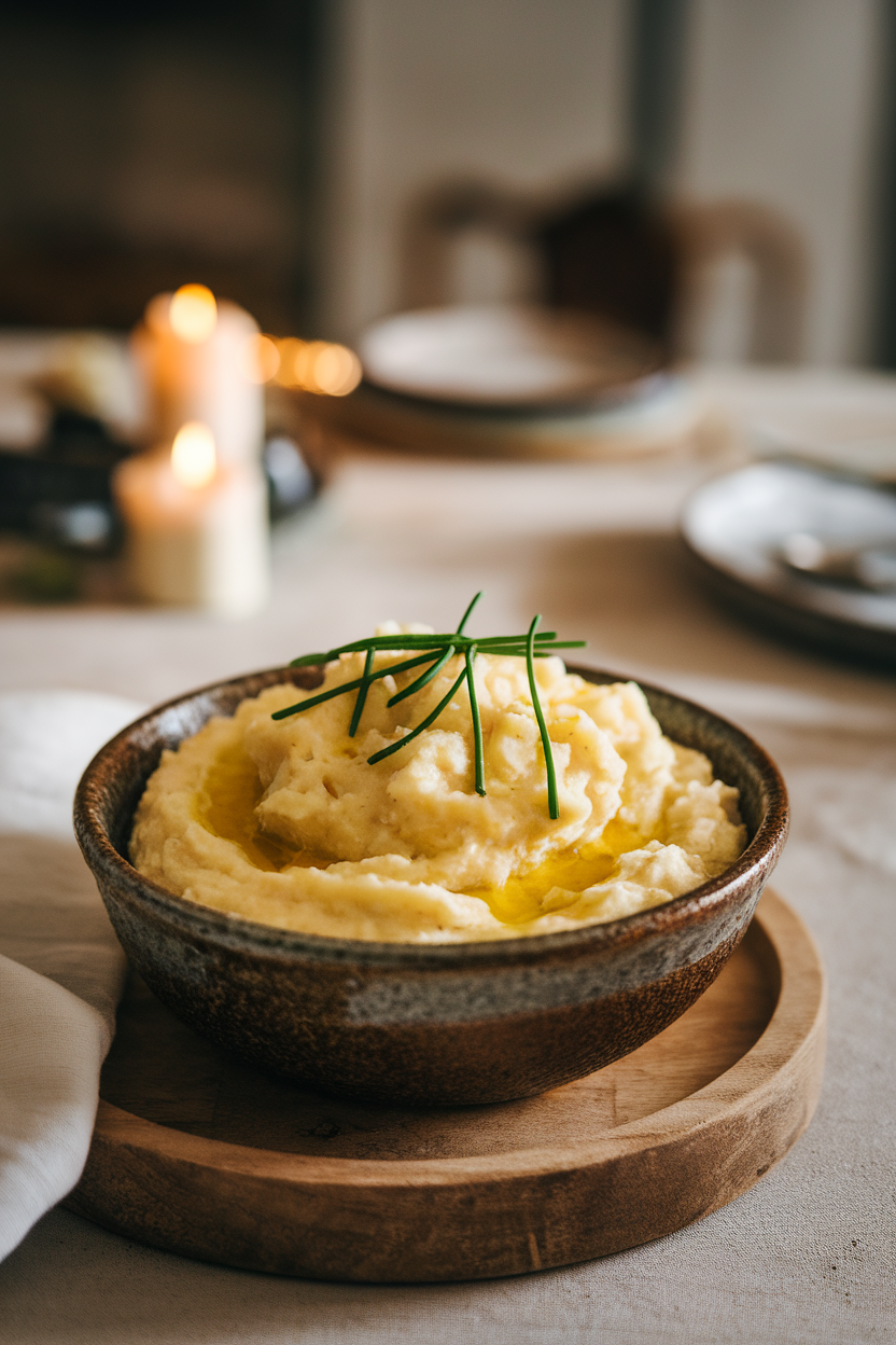 A ceramic bowl of creamy cauliflower-potato mash topped with chives and a drizzle of olive oil, photographed on an indoor dining table. No text or logos.