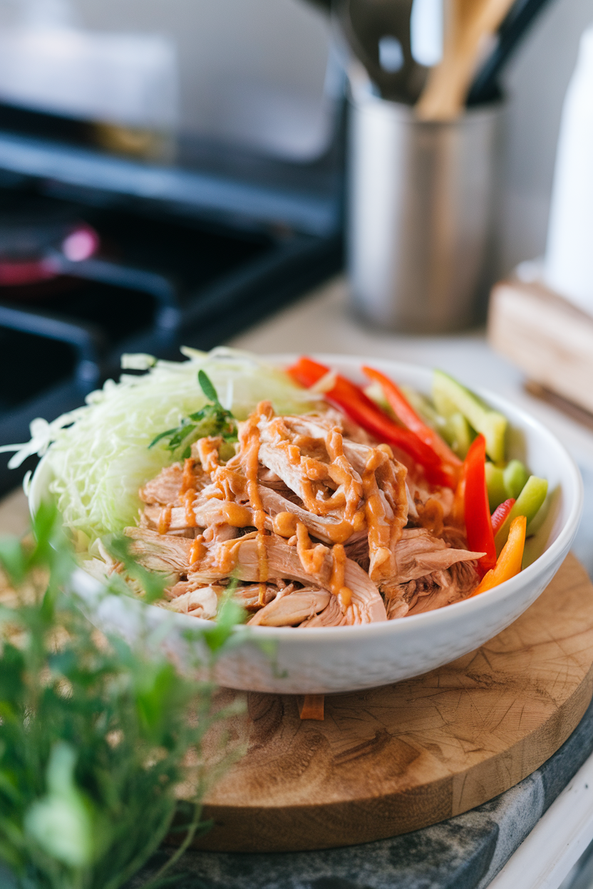 Indoor countertop scene showing a bowl of shredded chicken, julienned cabbage, bell peppers, and a light peanut-Sriracha drizzle — photo, no logos