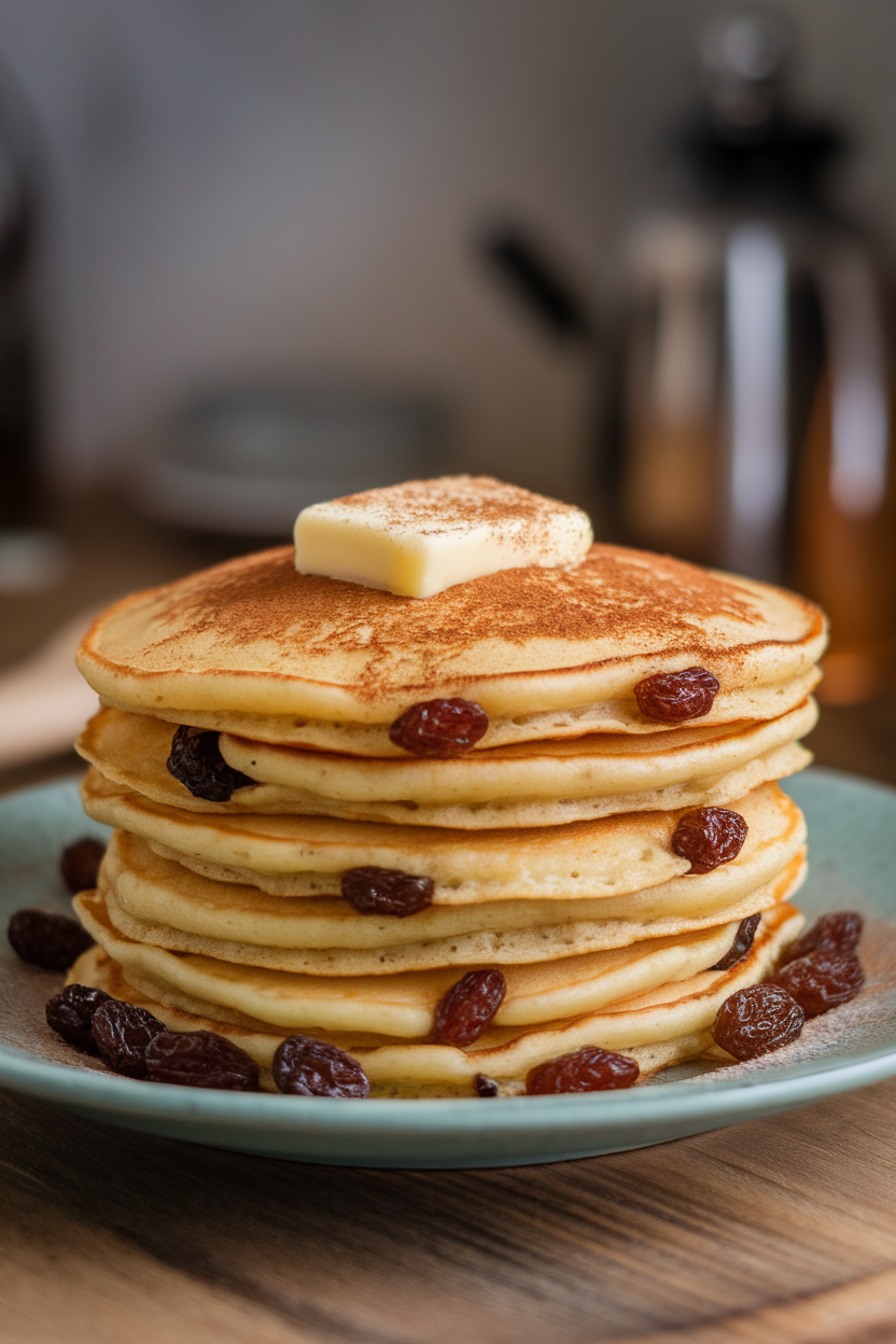 Indoor photo of pancakes dotted with rum-soaked raisins, topped with a pat of butter and dusting of cinnamon; no text or logos.