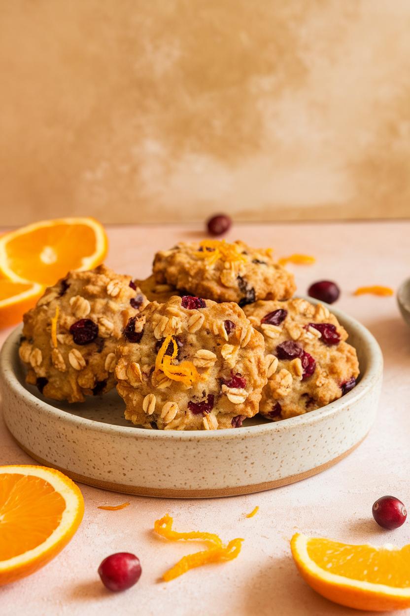 Photo prompt: Oat cookies flecked with cranberries and orange zest on a ceramic dish indoors, no text or logos.
