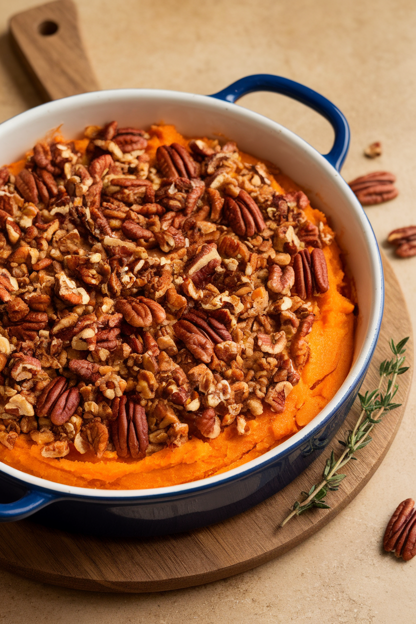 An indoor casserole of mashed sweet potatoes topped with crunchy pecan crumble, photo, no text or logos.