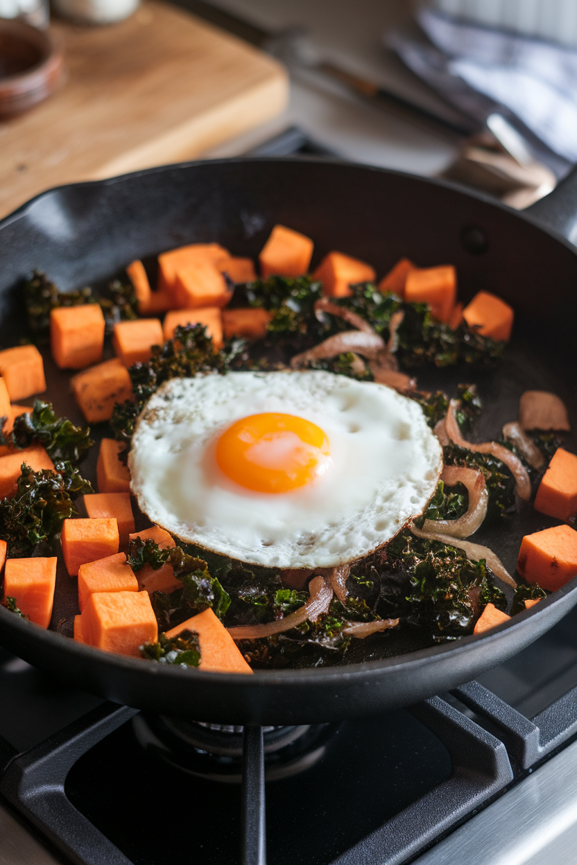 Indoor skillet on stovetop containing diced sweet potatoes, sautéed kale, and caramelized onions, sunny side egg on top; no text or logos, photo style.