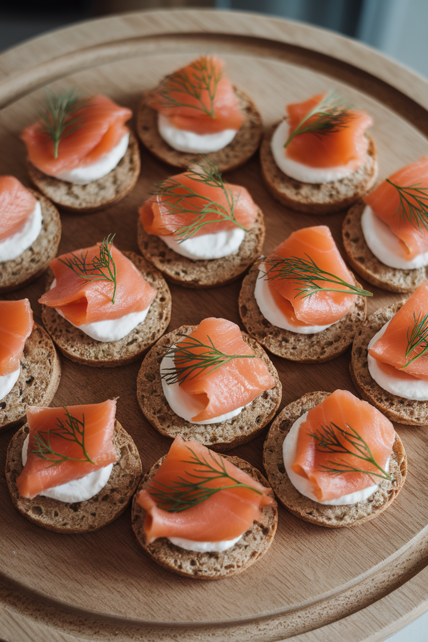 Indoor appetizer tray holding mini buckwheat blinis topped with slices of smoked salmon, dill, and a dollop of crème fraîche; no text or logos