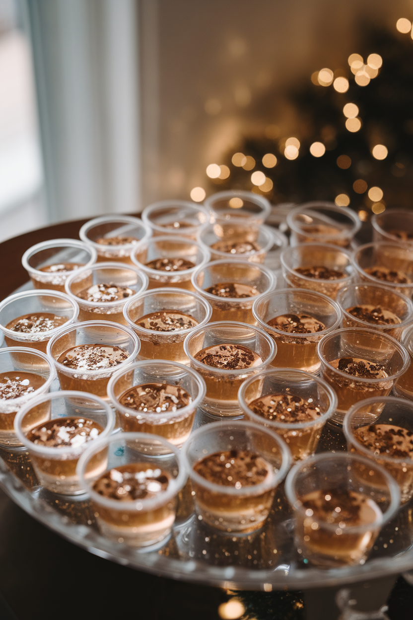 Photo of an indoor tray of clear plastic mini cups filled with shimmering champagne-colored gelatin topped with edible glitter; festive lighting, no text or logos