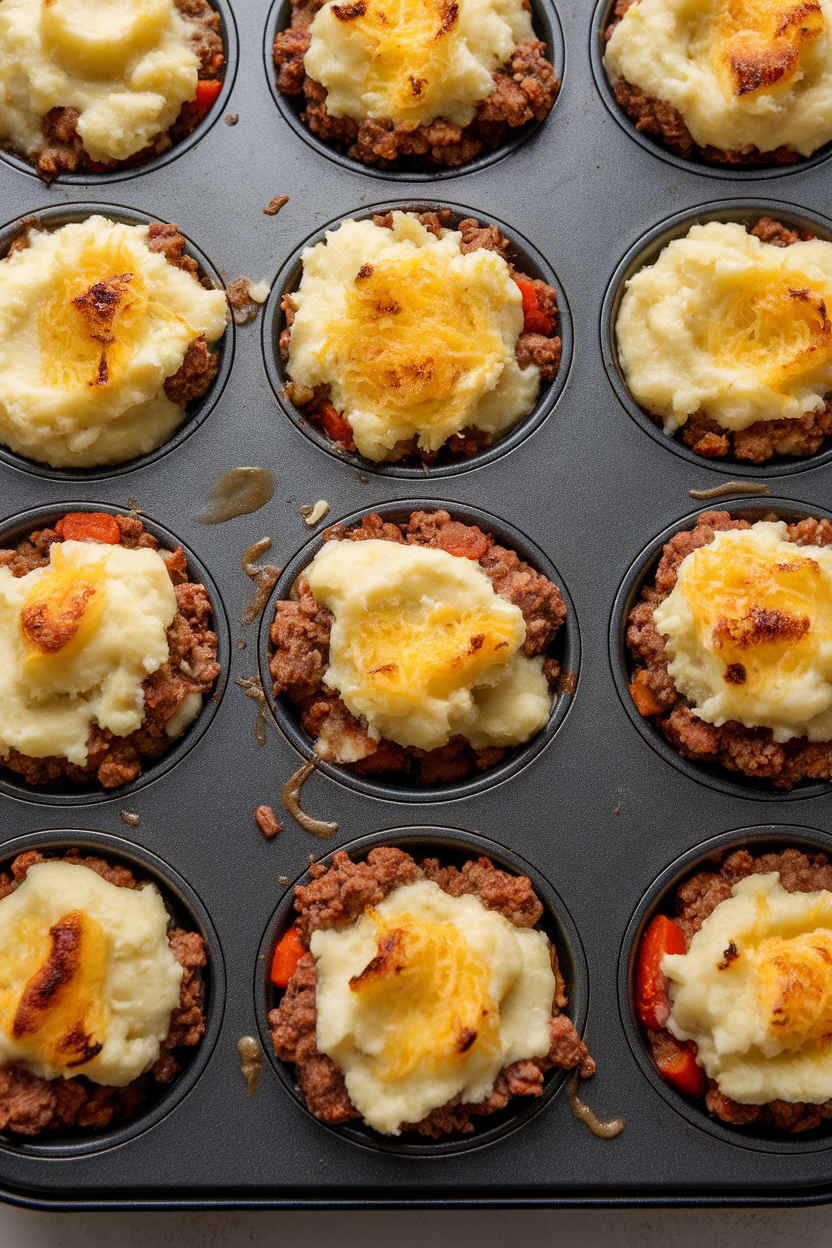Photo of an indoor muffin tin filled with individual shepherd’s pies, creamy mashed potato tops browned lightly. No text or logos visible.