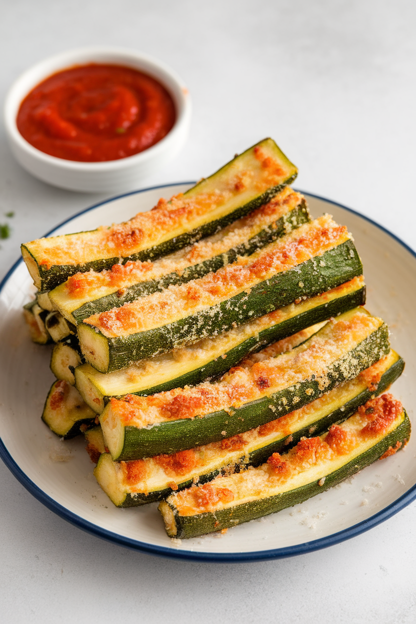Indoor plate stacked with baked zucchini sticks coated in parmesan, small marinara bowl nearby—photo, no text or logos.