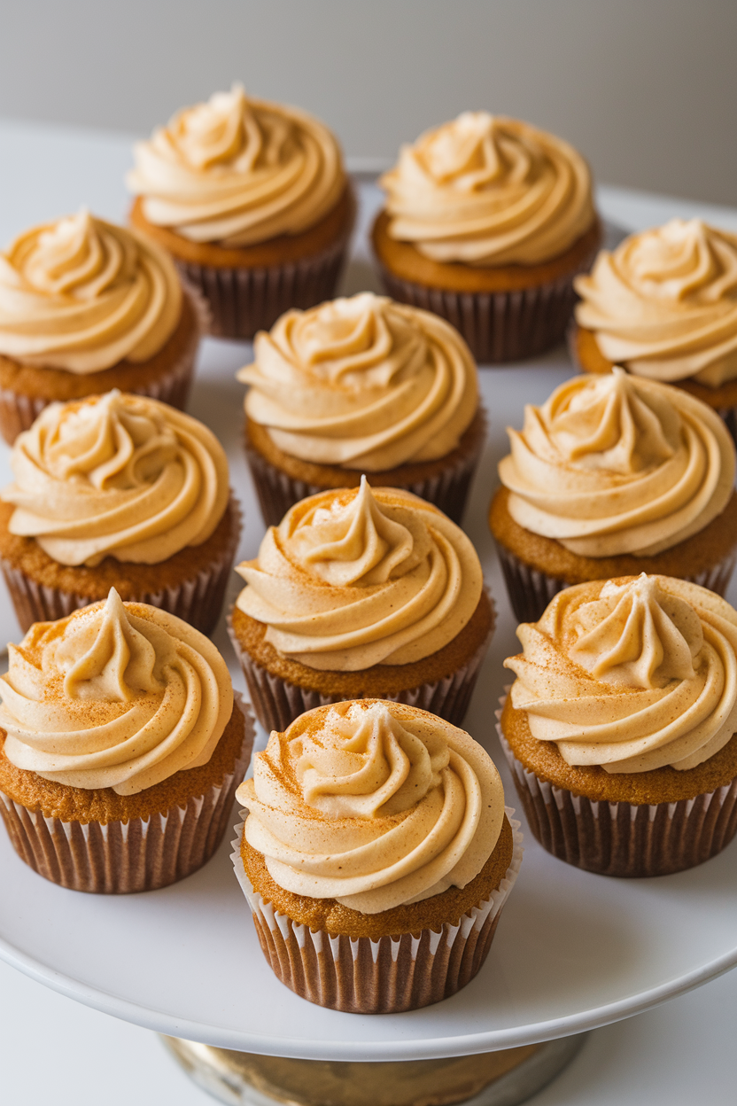 Indoor photo of frosted pumpkin spice cupcakes topped with a light dusting of cinnamon, no text or logos