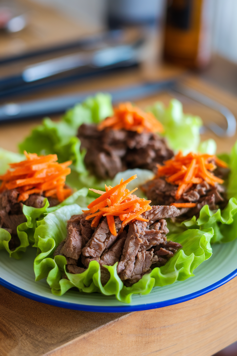 Indoor plate of lettuce leaves filled with beef seasoned with Chinese five-spice, shredded carrots on the side—no text or logos.