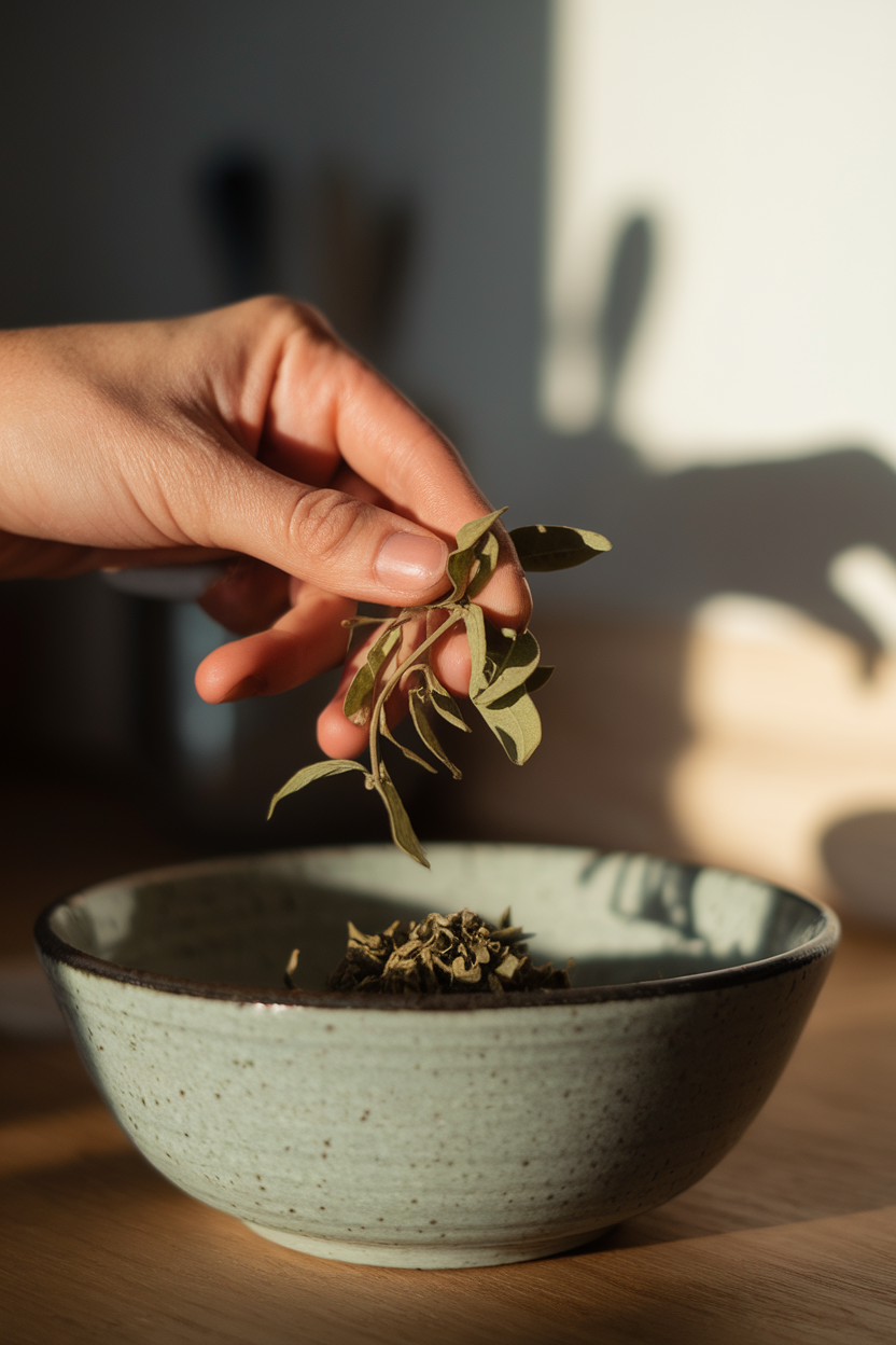 Indoor photo of dried oregano leaves crushed between fingers over a bowl; soft backlighting, no text or logos