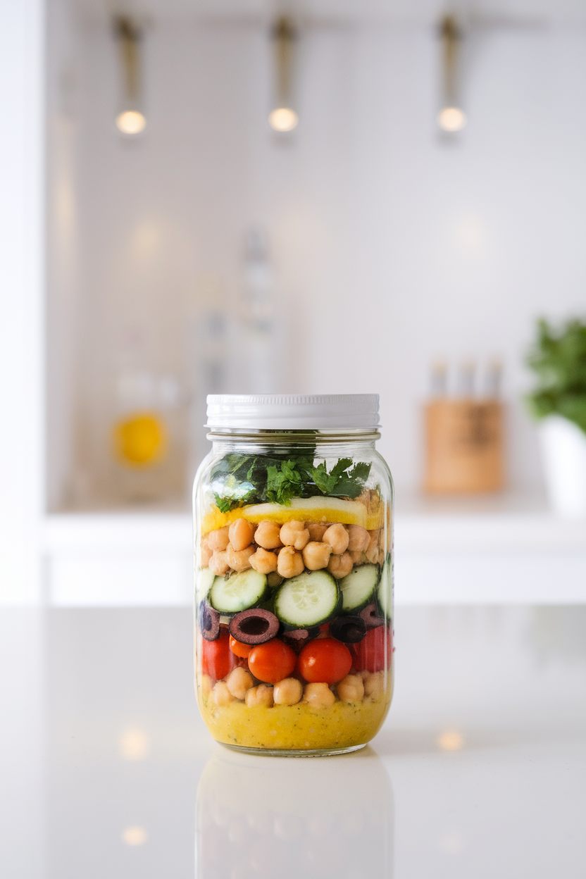 A bright indoor counter lined with mason jars layered from bottom to top with lemon vinaigrette, chickpeas, cucumbers, cherry tomatoes, olives, and chopped parsley. No logos or text visible. Photo, not illustration.