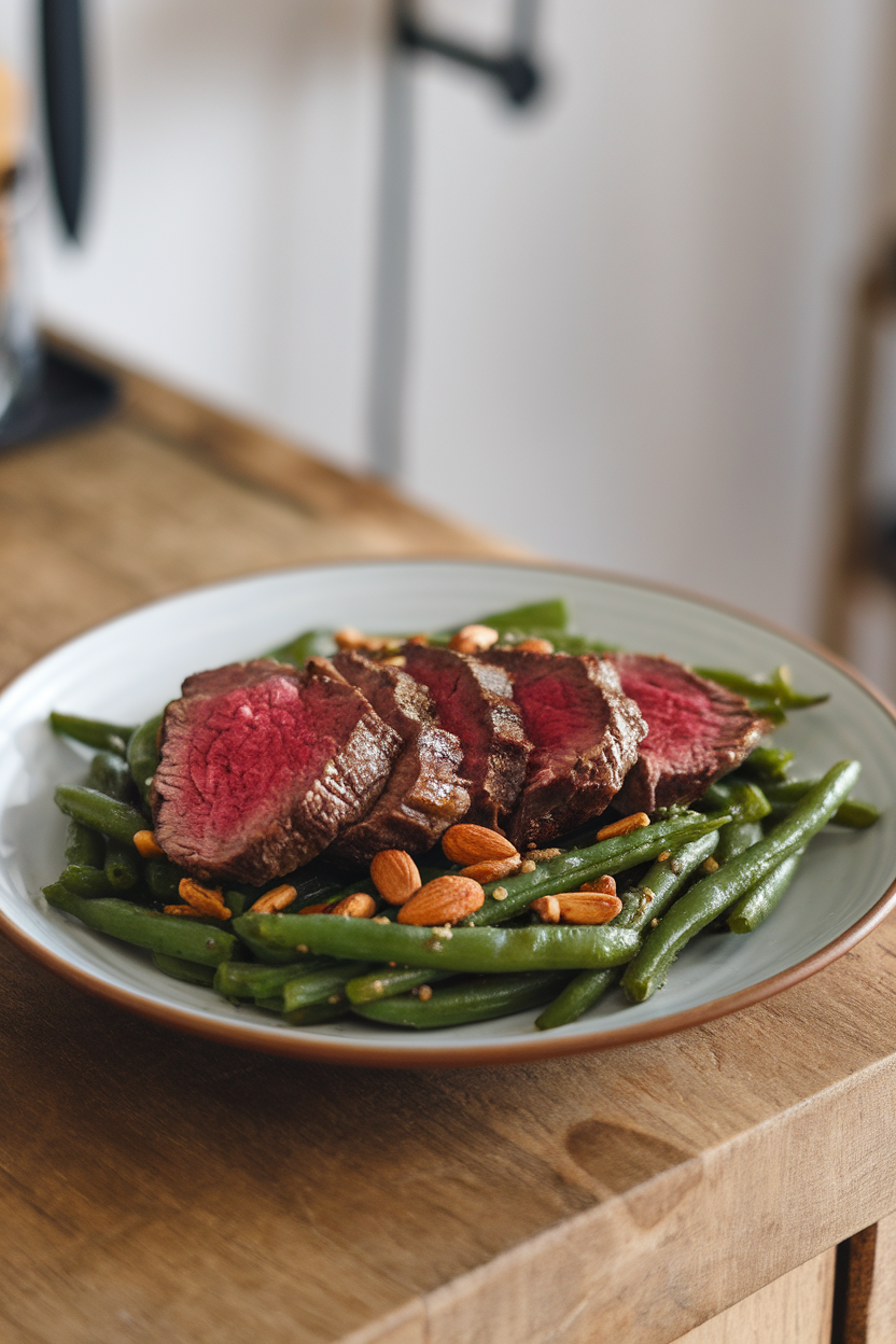 Indoor plate with sliced steak atop sautéed green beans sprinkled with toasted almonds. No logos; photo.