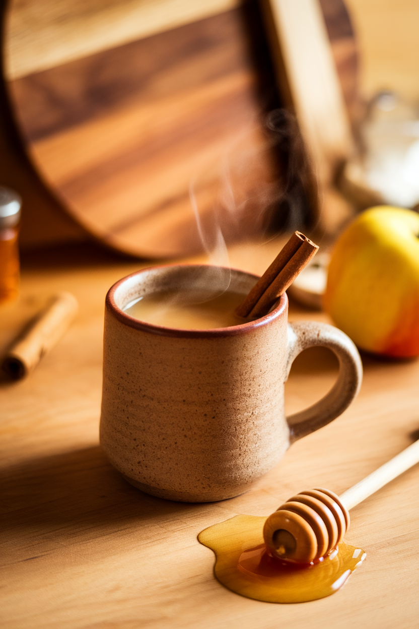 Cozy indoor kitchen scene featuring a ceramic mug of steaming apple cider, a cinnamon stick inside, and a drizzle of honey visible on a wooden honey dipper set nearby. Photo, no text or logos.