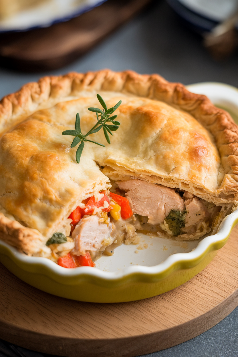 An indoor pie dish containing golden chicken pot pie, a wedge cut out showing filling, photo, no text or logos.