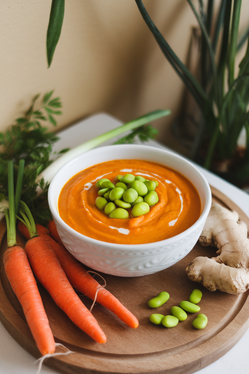 Indoor soup bowl filled with silky orange carrot ginger blend, topped with bright green shelled edamame. No logos or text.