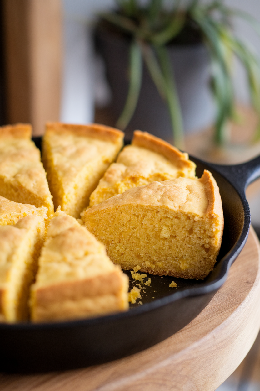 Indoor photo of a cast-iron skillet filled with golden cornbread wedges, one slice slightly pulled out to show crumb. No text or logos.