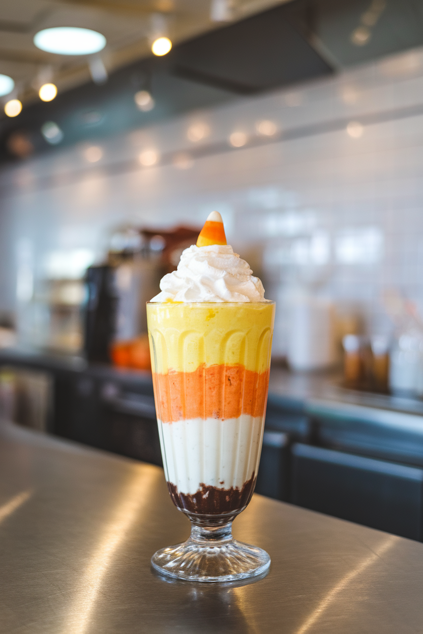 Indoor dessert counter with a clear parfait glass showing three distinct layers—yellow, orange, and white milkshake—topped with whipped cream and a single candy corn. Photo, no text or logos.