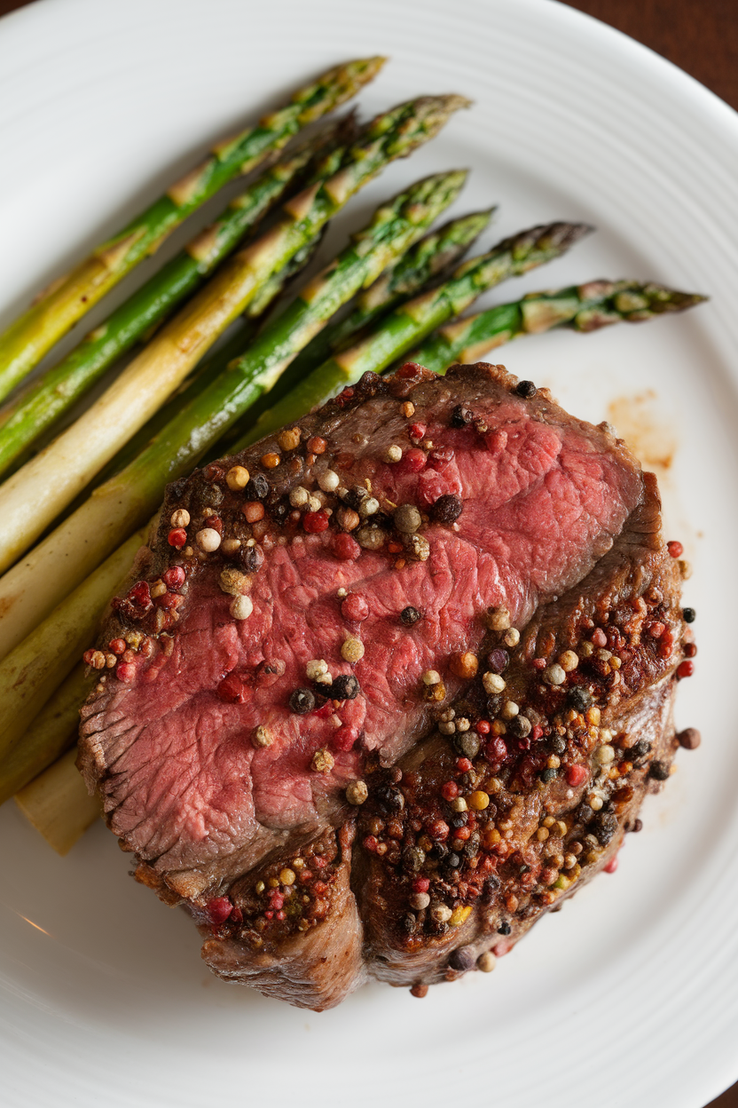 Indoor dinner plate showcasing a medium-rare filet mignon crusted with cracked peppercorns beside roasted asparagus spears. No logos; photo only.