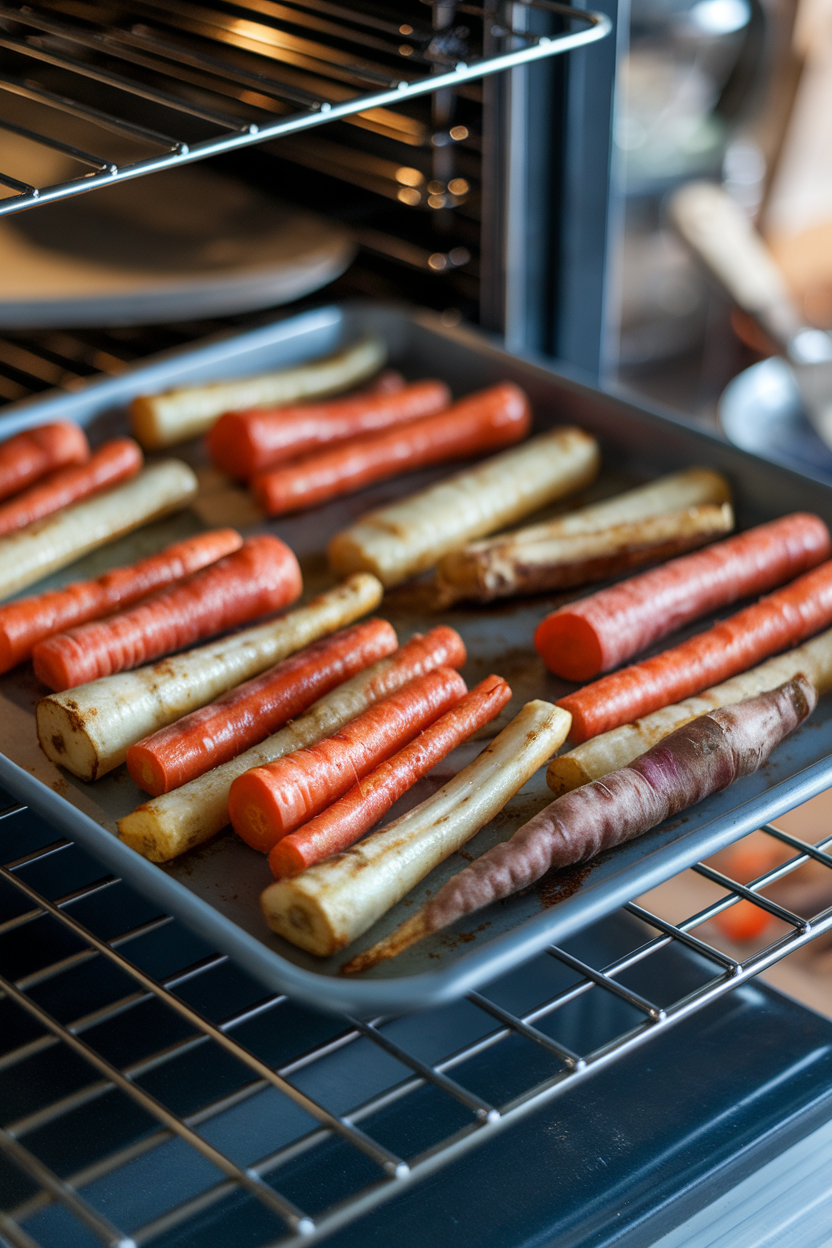 Photo of an indoor oven rack with a sheet pan of roasted root vegetables—carrots, parsnips, and sweet potatoes—edges caramelized. No text or logos.