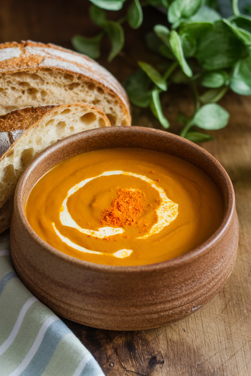 Photo of deep orange butternut soup in a stoneware bowl, turmeric sprinkle visible on surface, indoor scene. No text or logos.