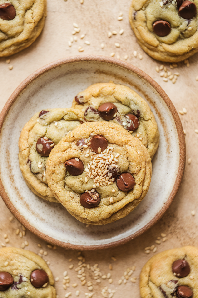 Photo prompt: Indoor scene showing tahini-chocolate-chip cookies on a stoneware plate, sesame seeds scattered around, no text or logos.