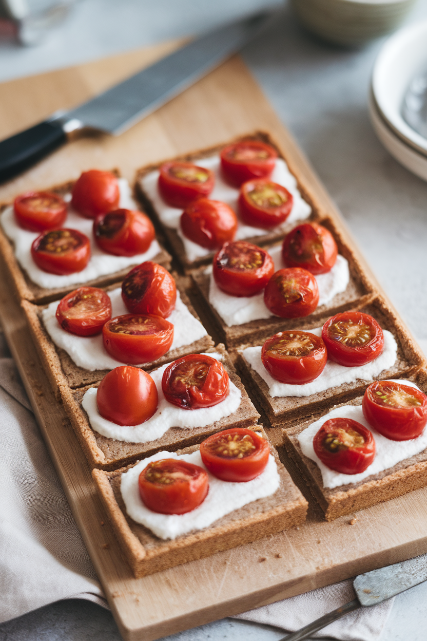 An indoor cutting board holding square slices of whole-wheat crust tart topped with ricotta and roasted cherry tomatoes; no text or logos.