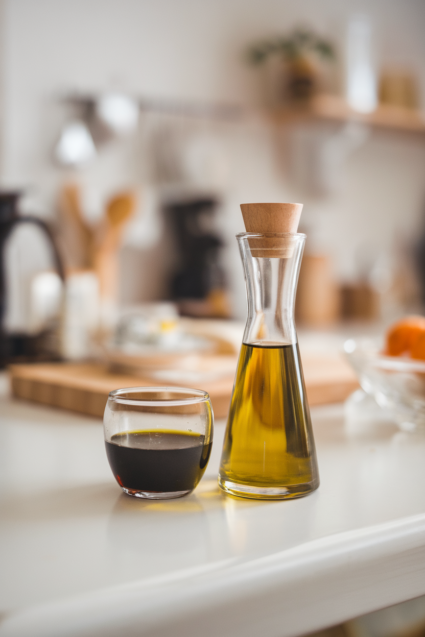 An indoor kitchen counter featuring a small carafe of golden olive oil and a separate glass of balsamic vinegar, no text or logos.