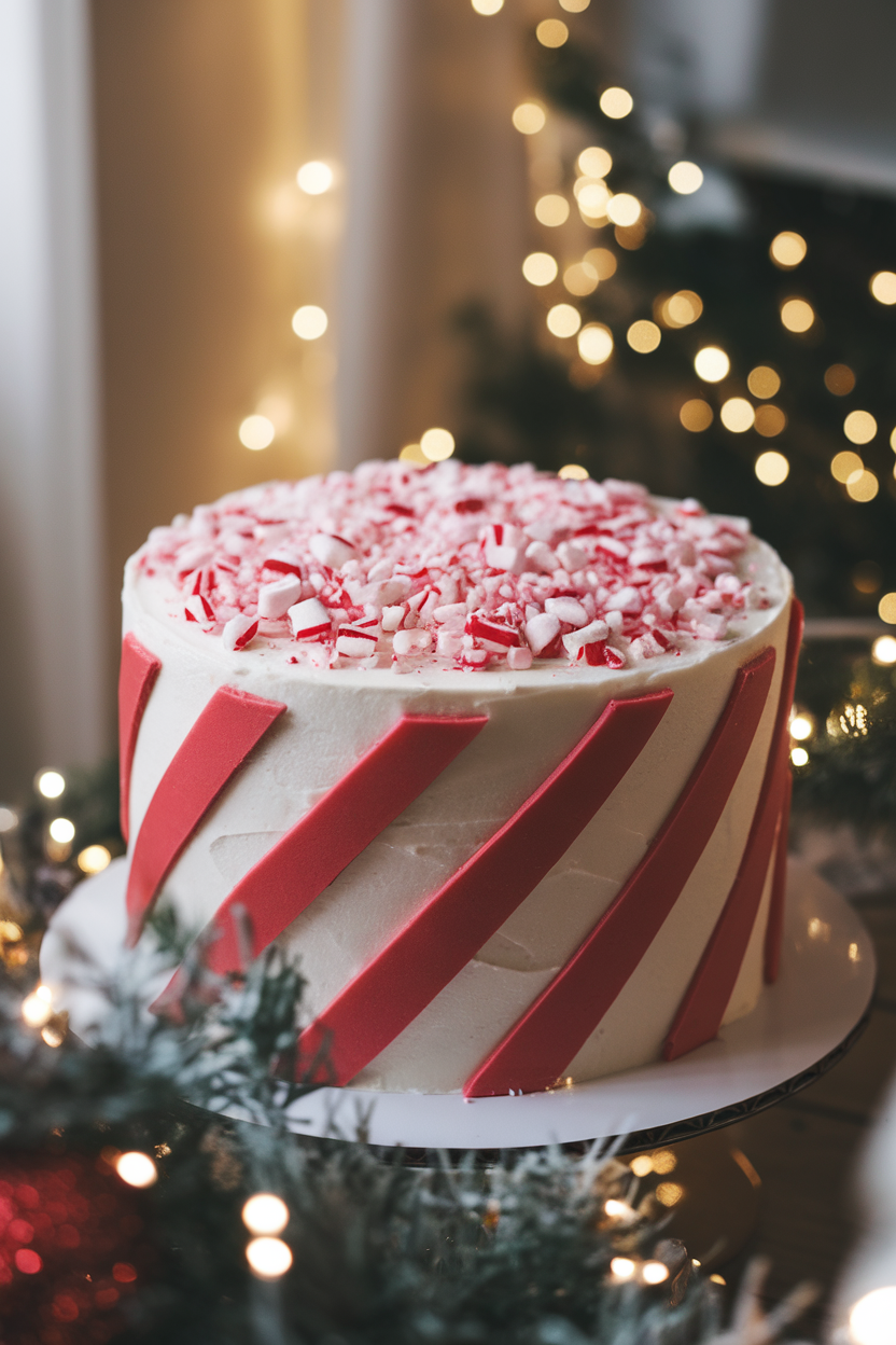 A round layer cake indoors, frosted in smooth white buttercream with bold diagonal red stripes swirling around the sides, topped with crushed peppermint candies. Soft holiday lighting; photo only, no brand marks.