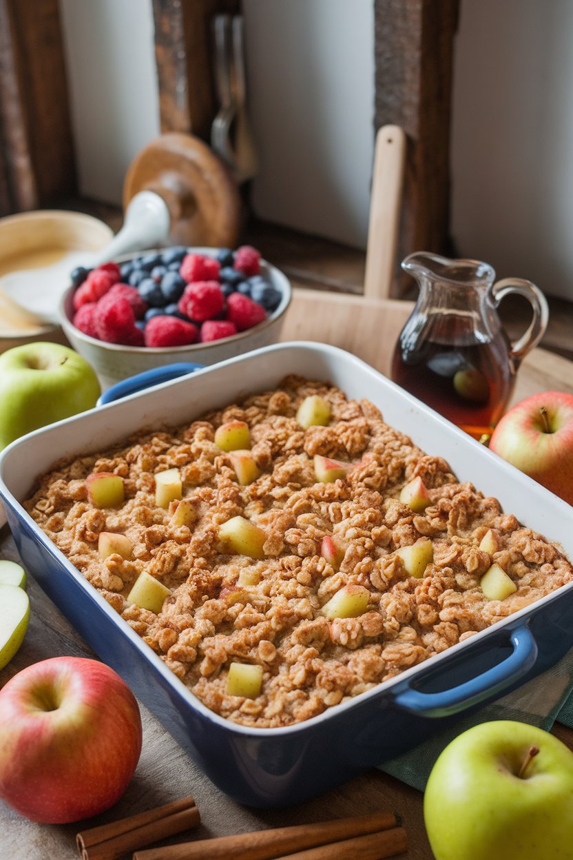 Indoor baking scene with a casserole dish of golden brown baked oatmeal dotted with apple chunks and cinnamon. No text or logos. Photo.
