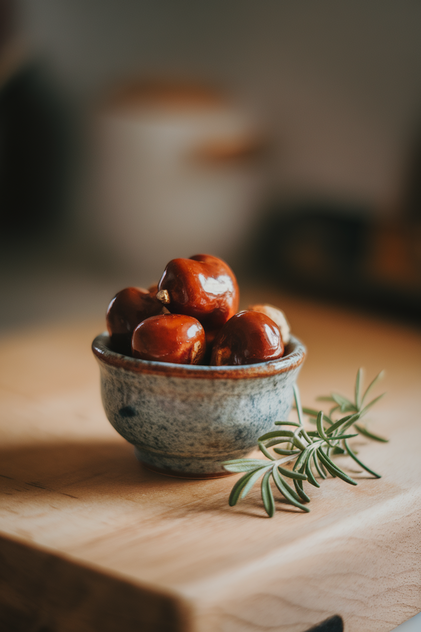 Indoors, a small ceramic bowl of glossy candied chestnuts under soft light, no text or logos